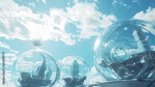 Futuristic glass spheres under a bright sky; architectural design, utopian landscape. Glass Domed Utopias. Illustration