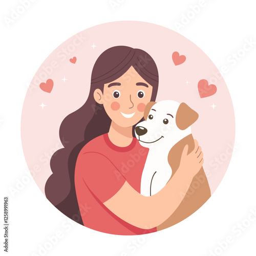 Lovely young woman hugging dog. Pet owner. Dog lover. Flat style illustration.