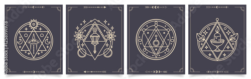 Set of posters with mystical sacred geometric symbols. Alchemy, occultism, philosophical cards. Illustration in boho style.