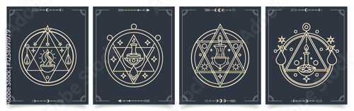 Set of posters with mystical sacred geometric symbols. Alchemy, occultism, philosophical cards. Illustration in boho style.