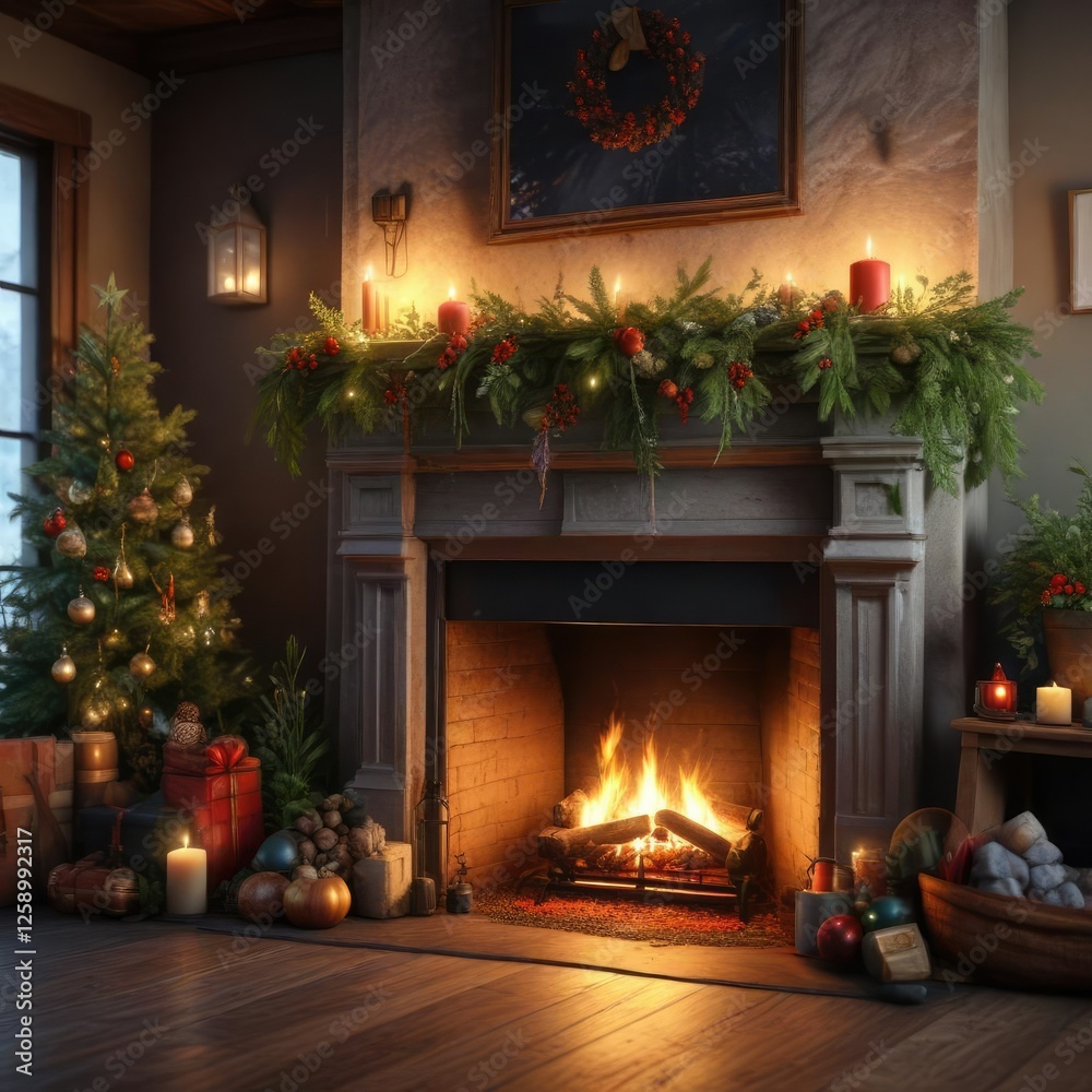 Cozy fireplace with greenery and festive decorations, winter, mantel, garland Cozy fireplace with greenery and festive decorations, winter, mantel, garland
