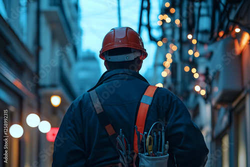 An electrician wearing a helmet as a safety measure carries out maintenance or repair of LED lights, genertative ai photo