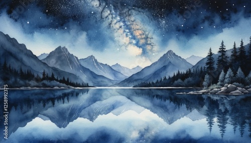 Stunning watercolor landscape featuring the Milky Way over a serene mountain lake at night