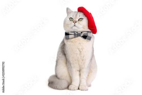 Charming cat in red beret and bow tie posing elegantly on white background