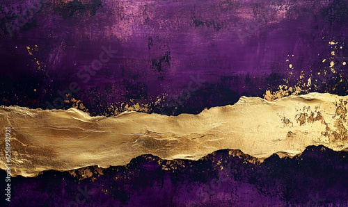 Bold thick gold paint streaks contrast against a deep purple background in striking visual art