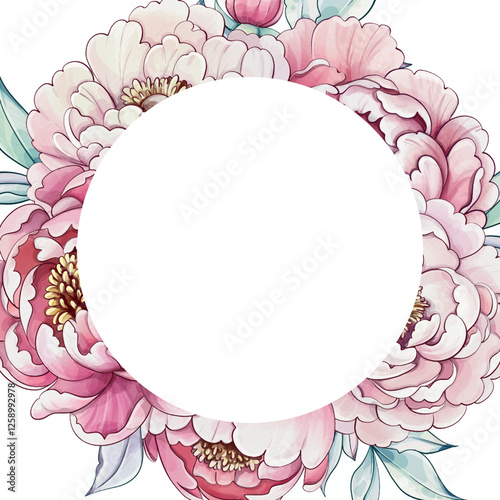 A captivating arrangement of soft pink peonies and elegant leaves forms a stunning floral frame, inviting creativity and inspiration template, background, frame