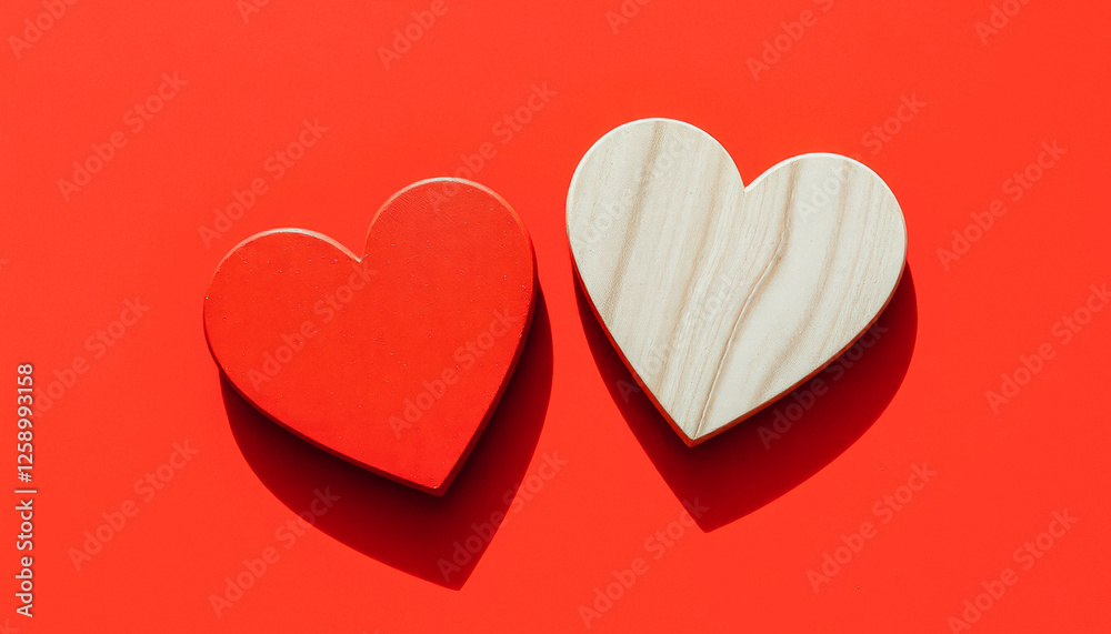 Obraz premium Two wooden hearts, one red and one natural, placed on a red background, symbolizing love and unity for Valentine's Day.