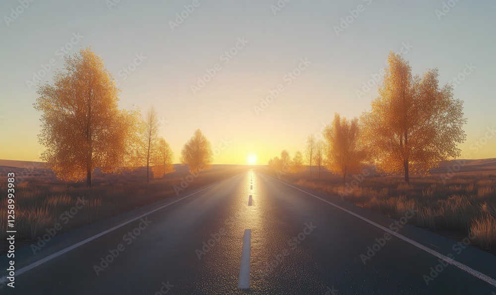 Sunset view of a country road lined with golden autumn trees, stretching endlessly into the horizon, evoking peace and nostalgia