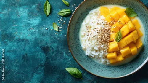 Obraz  z motywem Delicious Thai mango sticky rice with coconut cream and sesame on a turquoise table