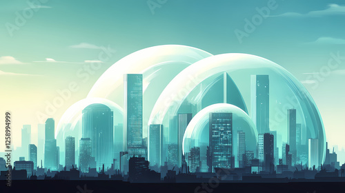 A futuristic cityscape with large glass domes protecting the buildings. Glass Domed Utopias. Illustration