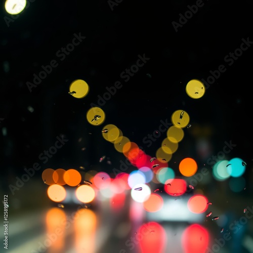 Car traffic lights bokeh through rainy window glass on black background defocused city night colorful round lights Bokeh light lights background bokeh abstract light bright effect shiny