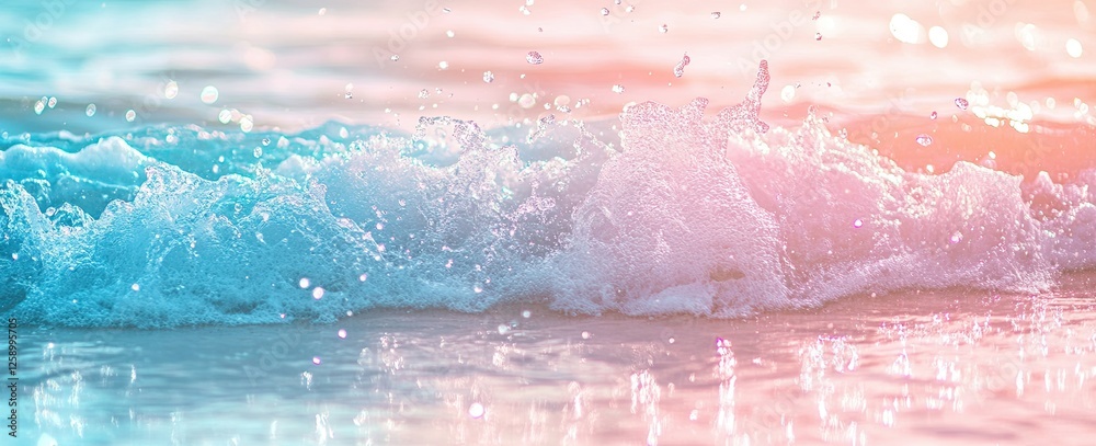 Fototapeta premium A picturesque summer scene with a sandy shore and azure waters, captured in close-up with a soft blur, providing plenty of space for text. Perfect for a travel or decoration banner template