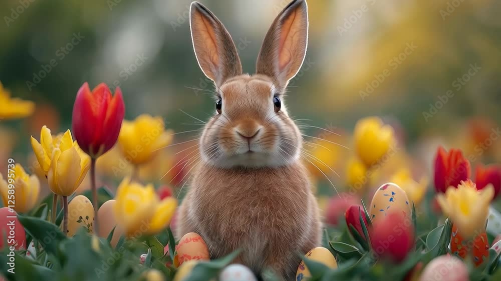 Charming Rabbit Surrounded by Colorful Flowers in Spring Garden Charming Rabbit Surrounded by Colorful Flowers in Spring Garden