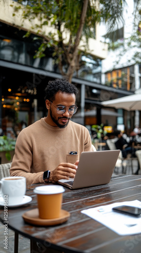 Impulse Buying in Action: A young professional on a coffee break, captivated by a limited-time offer on social media photo