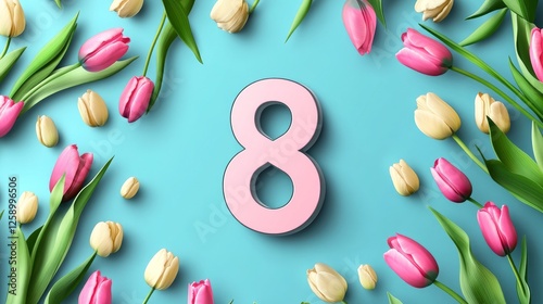 Modern Womens Day banner with a 3D 8 and tulip flowers Vector illustration