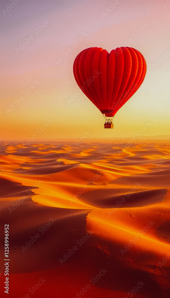 Fototapeta premium Heart-shaped hot air balloon over desert at sunset for Valentine's Day