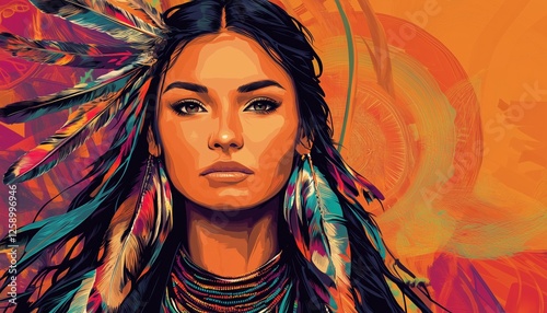 Indigenous Woman Shaman With Feathered Hair And Traditional Poncho: Pocahontas-Inspired Boho Tribal Girl Portrait. Native American Influence Celebrated.