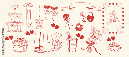Hand drawn set for wedding, Valentine's day, engagement. Hearts, glasses of wine, desserts, bouquet of flowers, frame, bows, ribbons, champagne, rings. Romantic vector illustration.