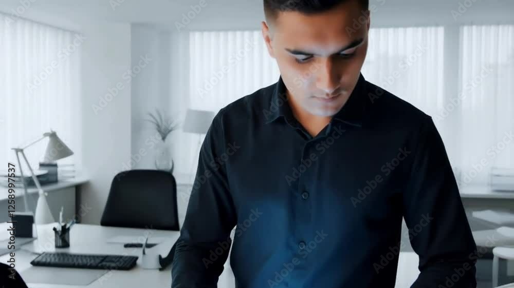 A worker interacts with a touchpad in an office environment, illustrating the integration of modern technology in business operations. A worker interacts with a touchpad in an office environment, illustrating the integration of modern technology in business operations.