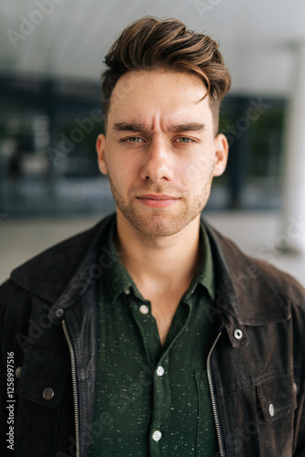 Canvas Print Vertical portrait of confident young man wearing casual clothing, looking at camera with serious expression, frowning and displaying concerned expression conveying deep thought and anxiety, outdoors