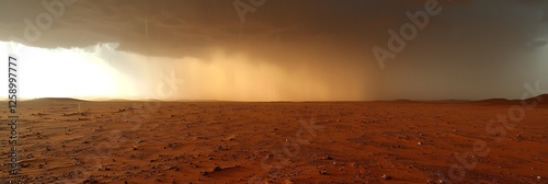 Rare rainstorm sweeping across the desert with dark clouds and the first drops of rain hitting the sand photo