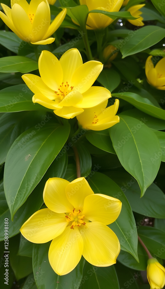 Liriodendron tulipifera - Yellow flowers on a background of green leaves, detailed. with white shades Liriodendron tulipifera - Yellow flowers on a background of green leaves, detailed. with white shades
