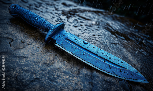 Precision-engineered sharp-edged combat blade with a vibrant sky-blue handle for dynamic tactical and survival applications photo