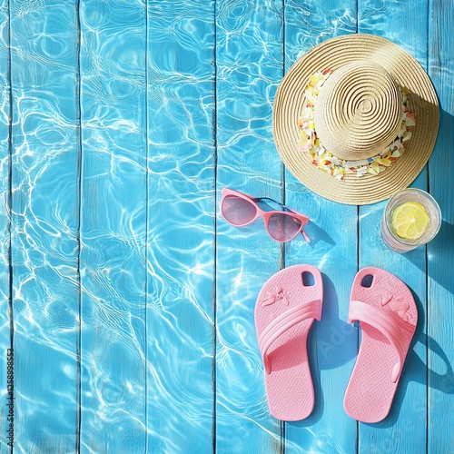 Summer fashion accessories, including flip flops, a hat, and sunglasses, are set on a bright turquoise board near the pool, with a backdrop of blue sea
