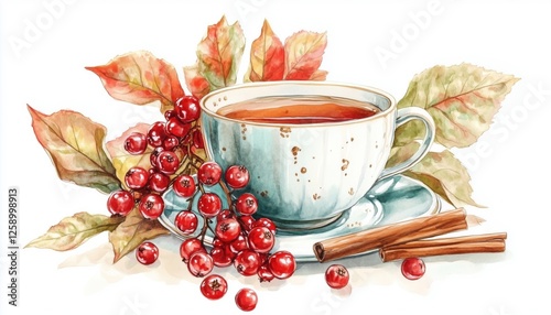 Autumn Delight: Viburnum Tea Infused With Fresh Berries, Honey, Cinnamon - Herbal Organic Beverage For Fall Warmth And Comfort. photo