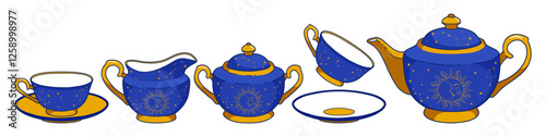 Blue tea set. Beautiful dishes. Tea service, isolated on white. Vector illustration. Blue and gold. Magic decor. Crescent moon and constellations.