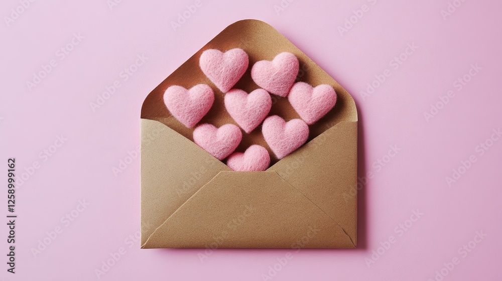 Pink heart shapes in brown envelope on pastel pink background Pink heart shapes in brown envelope on pastel pink background