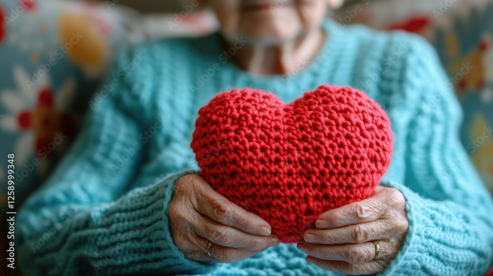 Elderly caucasian woman holding knitted red heart in hands symbolizing love and care Elderly caucasian woman holding knitted red heart in hands symbolizing love and care