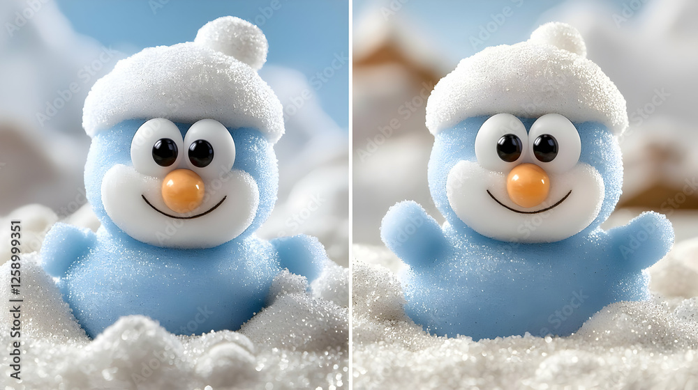 Playful snowman figurine in snowy scene, winter holiday card Playful snowman figurine in snowy scene, winter holiday card