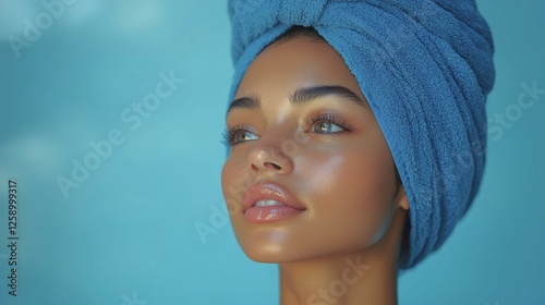 Serene minimalist portrait of a woman in a towel turban gazing upward