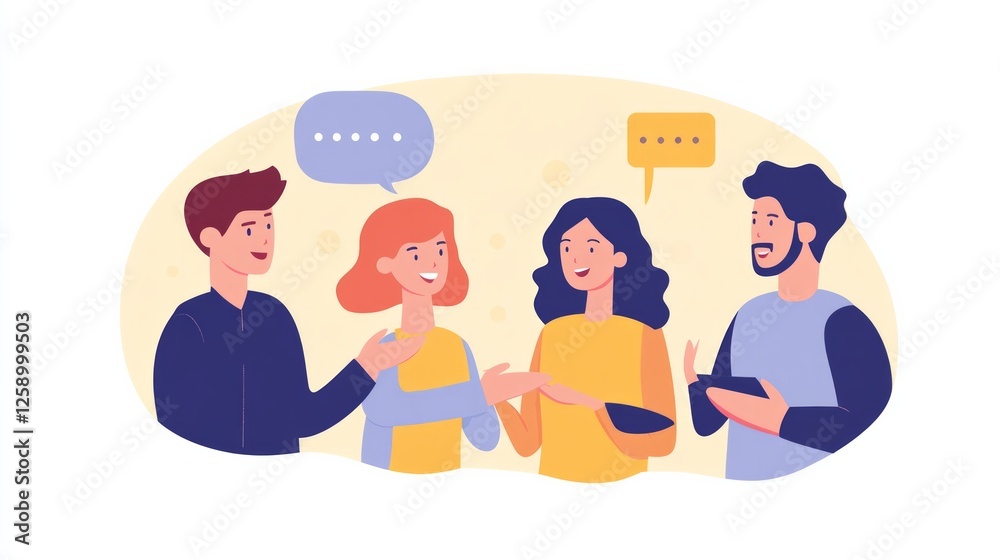 Group discussion with diverse characters in colorful conversation illustration Group discussion with diverse characters in colorful conversation illustration