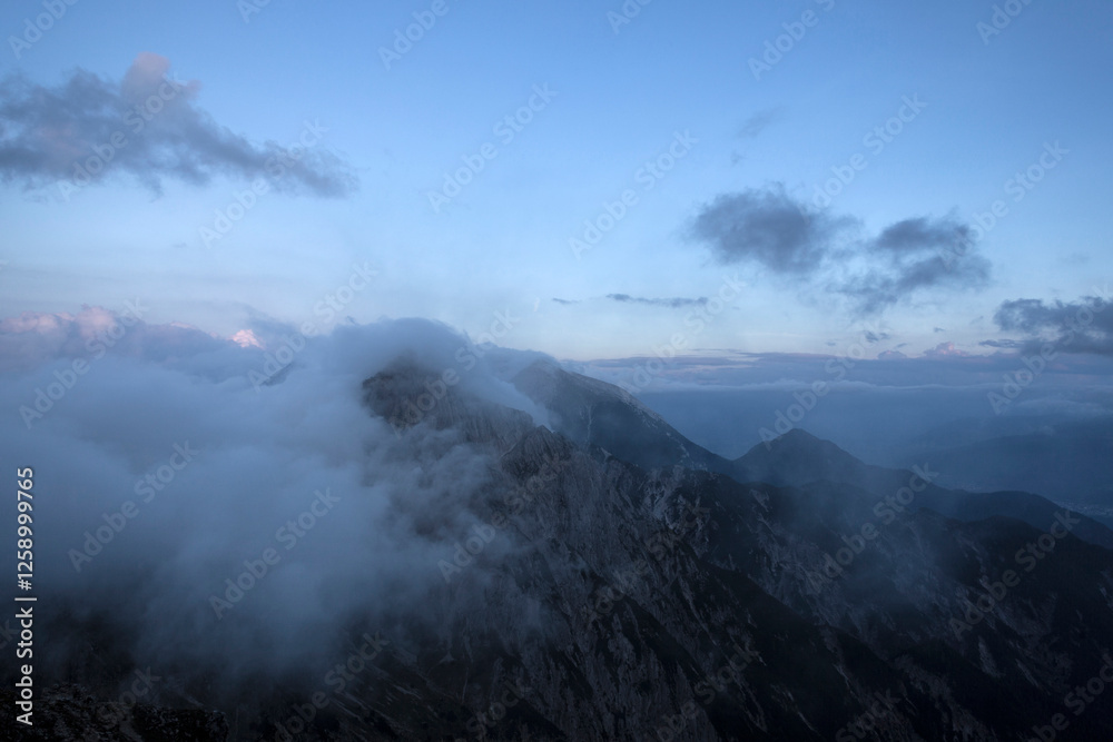 Panoramic view Freyungen mountains from Nordlinger hut on Karwendel Hohenweg, Austria Panoramic view Freyungen mountains from Nordlinger hut on Karwendel Hohenweg, Austria