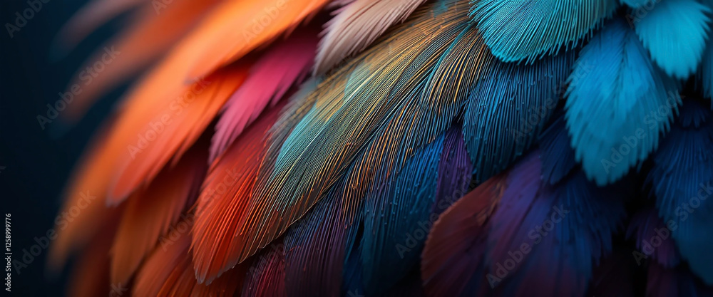 Obraz premium wide macro closeup background image of beautiful smooth finished natural bird feather texture with colorful and vibrant colour tones 