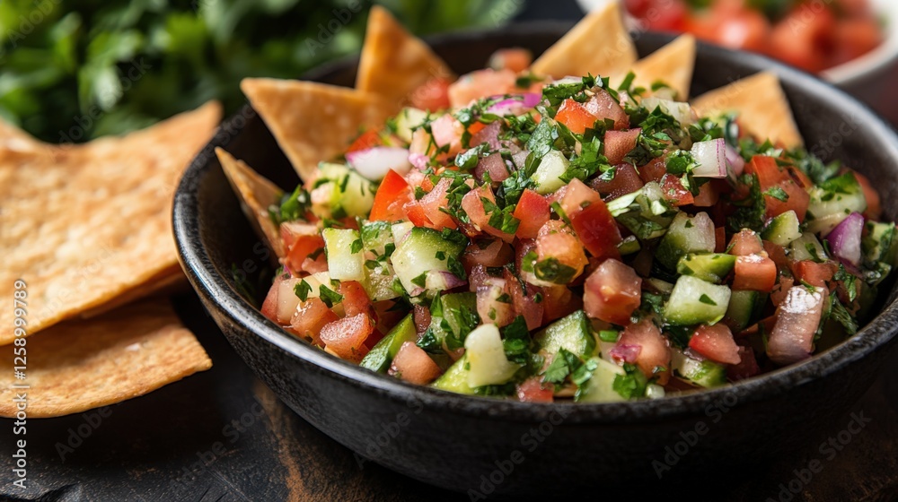 Enjoying fresh Middle Eastern fattoush salad with crispy pita chips and vibrant vegetables Enjoying fresh Middle Eastern fattoush salad with crispy pita chips and vibrant vegetables