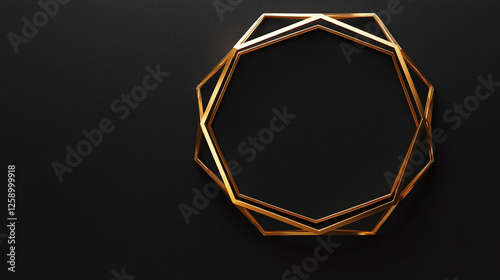 Geometric golden octagon frame isolated on black background with copy space for text.