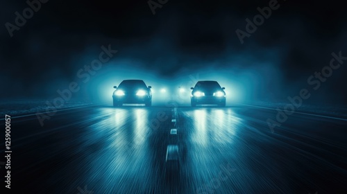 Night road with two cars and headlight reflections in foggy atmosphere
