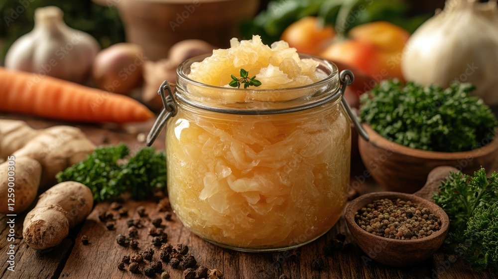 Fresh sauerkraut in jar surrounded by vegetables and spices on wooden table Fresh sauerkraut in jar surrounded by vegetables and spices on wooden table