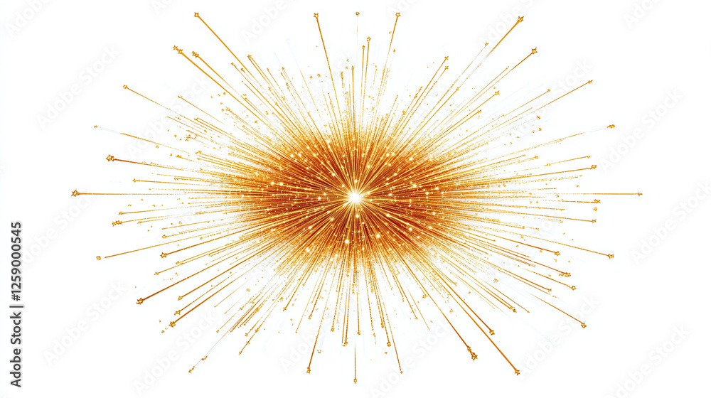 Golden starburst effect with scattered stars isolated on white background. Golden starburst effect with scattered stars isolated on white background.