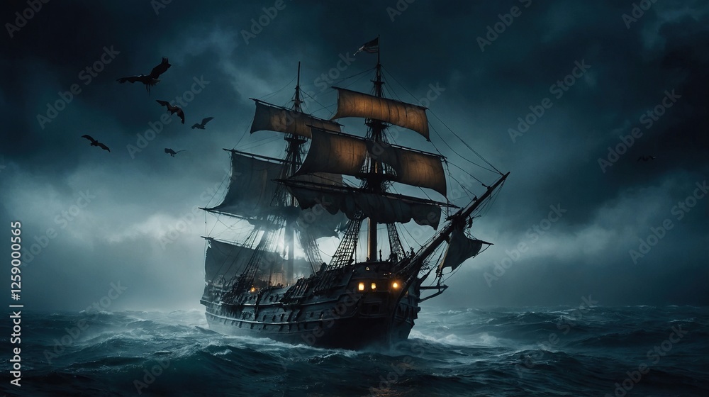 Majestic Sailing Ship Navigating Stormy Seas Under a Cloudy Night Sky With Bats Flying Above Majestic Sailing Ship Navigating Stormy Seas Under a Cloudy Night Sky With Bats Flying Above