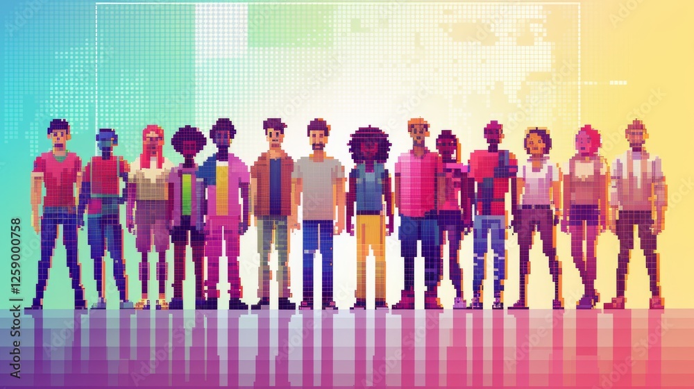 A vibrant pixel art digital illustration of a diverse group of people standing together. The colorful, abstract background enhances the retro gaming aesthetic. AI generated.