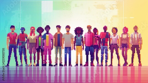 Obraz na płótnie A vibrant pixel art digital illustration of a diverse group of people standing together. The colorful, abstract background enhances the retro gaming aesthetic. AI generated. w salonie