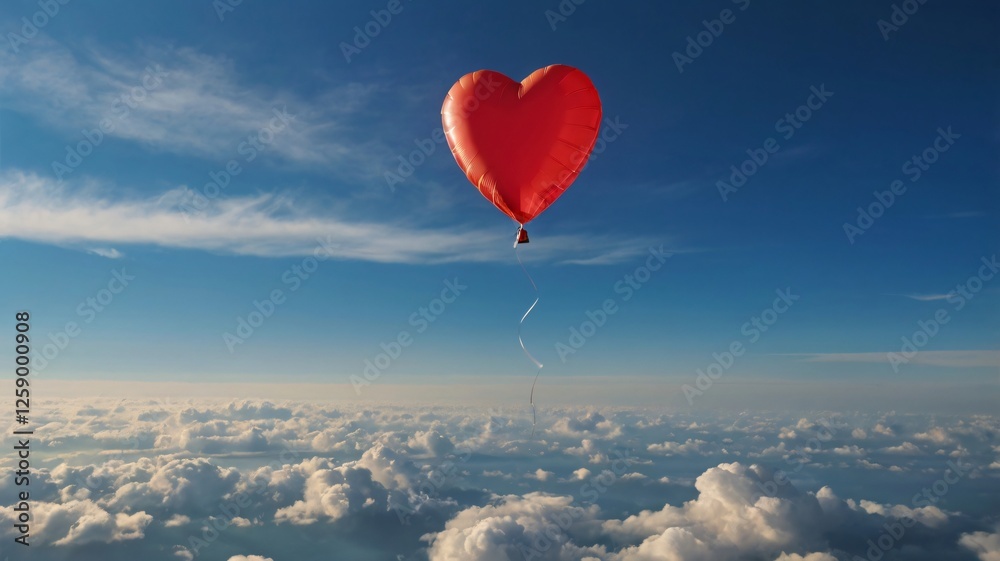 Fototapeta premium Red heart balloon flying high above clouds