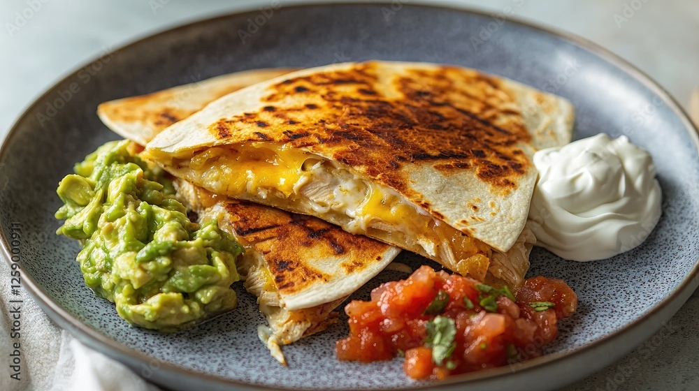 Delicious Chicken Quesadilla Served with Guacamole and Salsa
