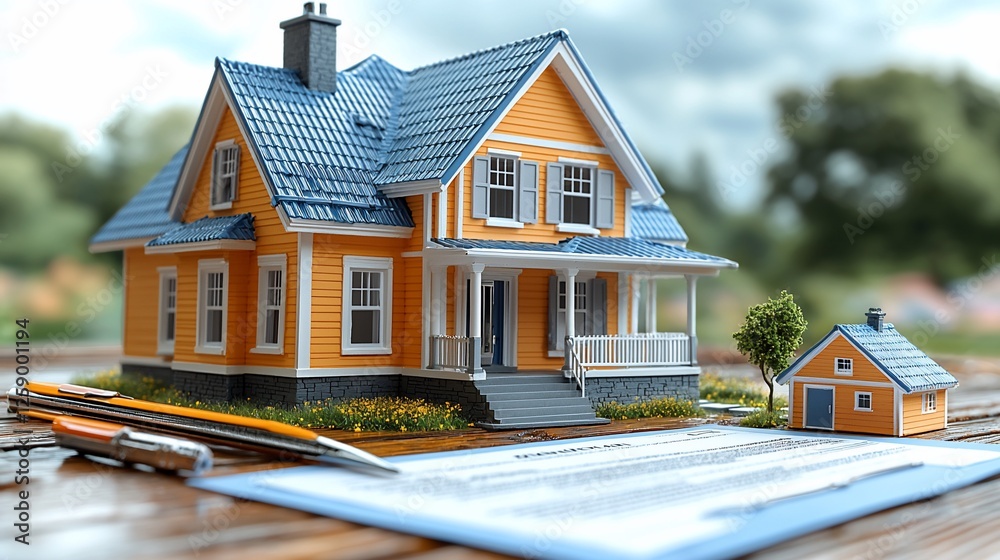 A vibrant model house with a small replica, surrounded by paperwork and nature A vibrant model house with a small replica, surrounded by paperwork and nature