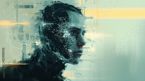 A surreal close-up portrait of a human face integrated with glowing digital networks and futuristic textures, evoking innovation and technology. AI generated.