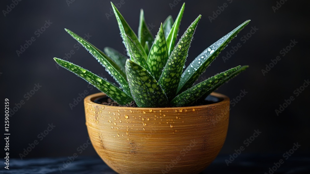 Vibrant green sansevieria with dewdrops in a bamboo pot on a dark background Vibrant green sansevieria with dewdrops in a bamboo pot on a dark background